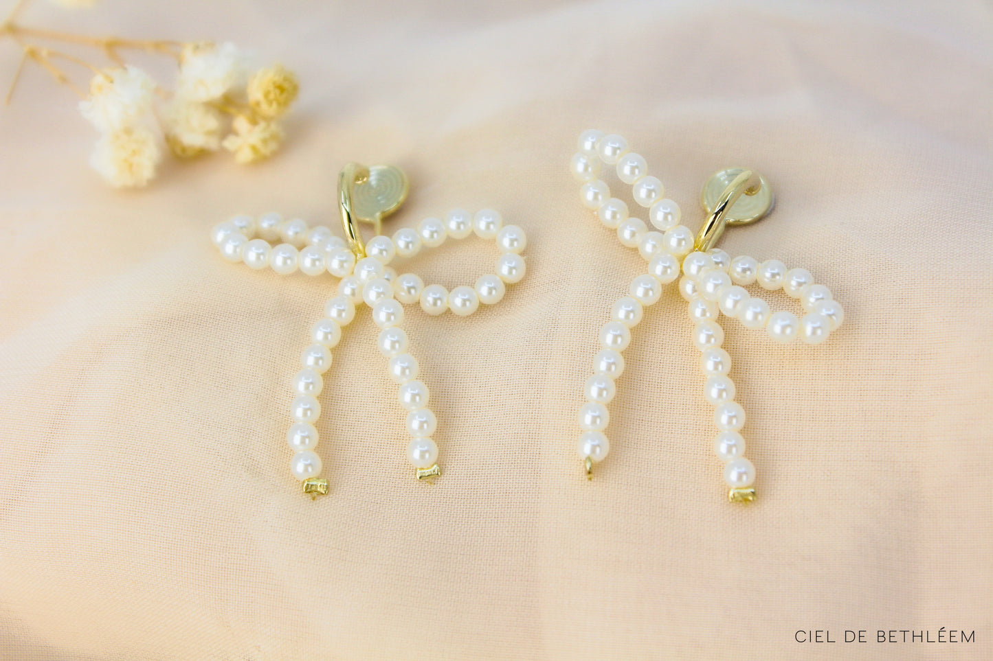 White Pearl Bow Earrings