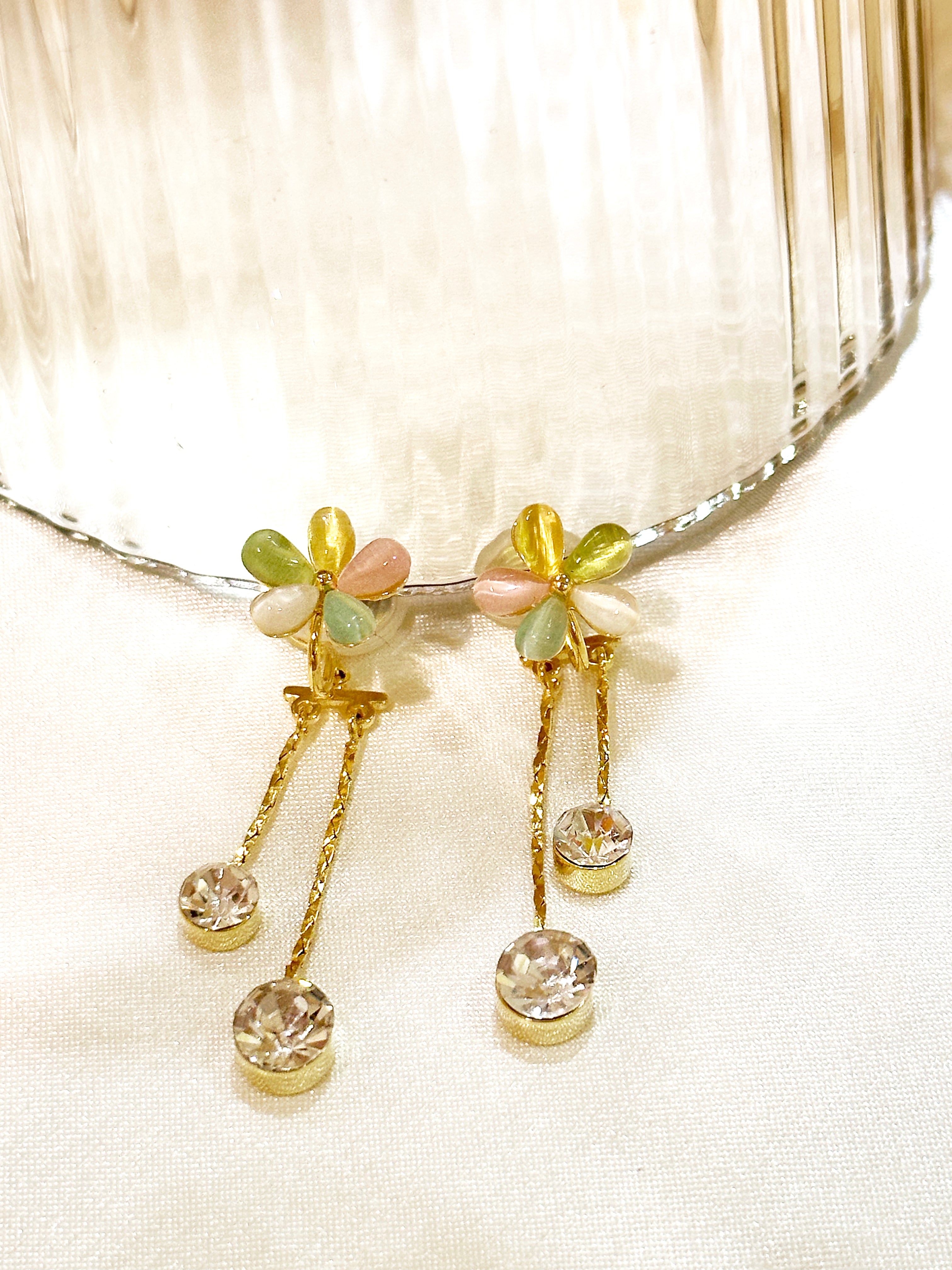 Macaron Floral Drop Clip On Earrings